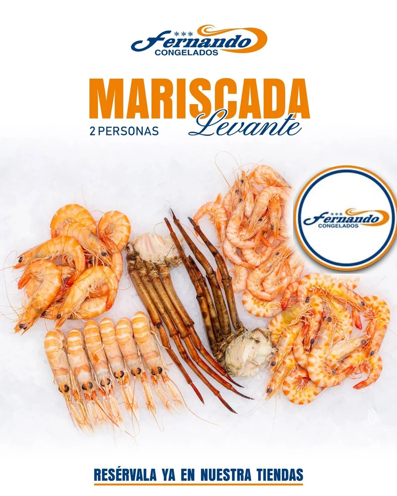 Cartel de la Mariscada Levante de Congelados Fernando, para 2 personas: gamba roja, cigala y boca de buey