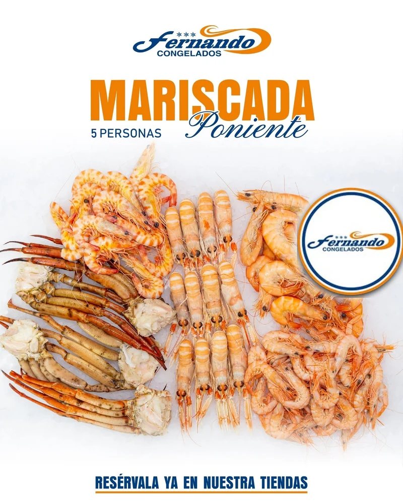 Cartel de la Mariscada Poniente de Congelados Fernando, para 5 personas: gamba blanca, cigala y patas de buey